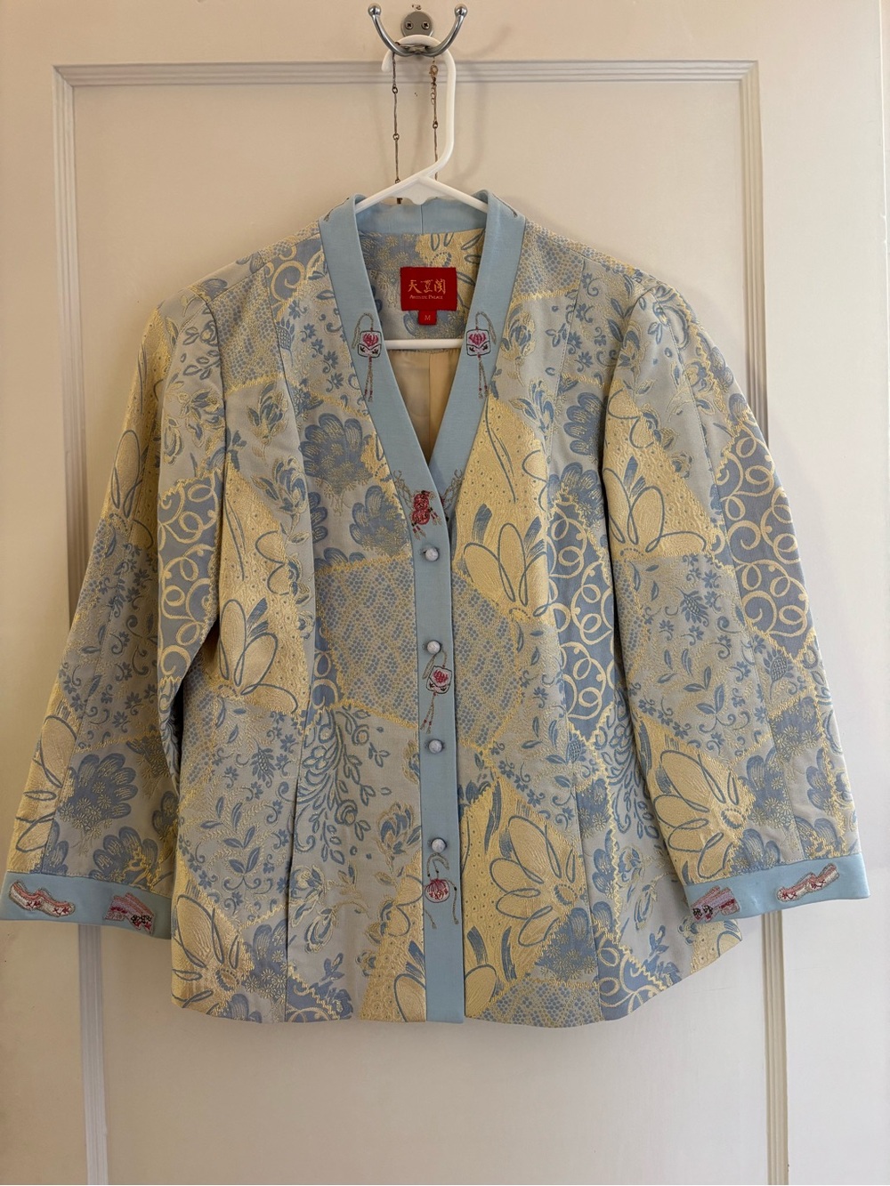 Chinese Label Women's Pastel Blue & Cream Brocade Jacket